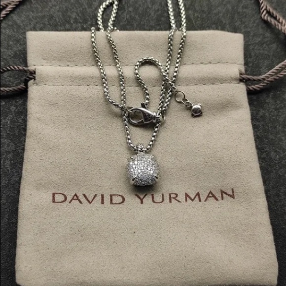 David Yurman 925 Silver Pave Diamond Cushion Necklace with Original Pouch - Picture 2 of 4